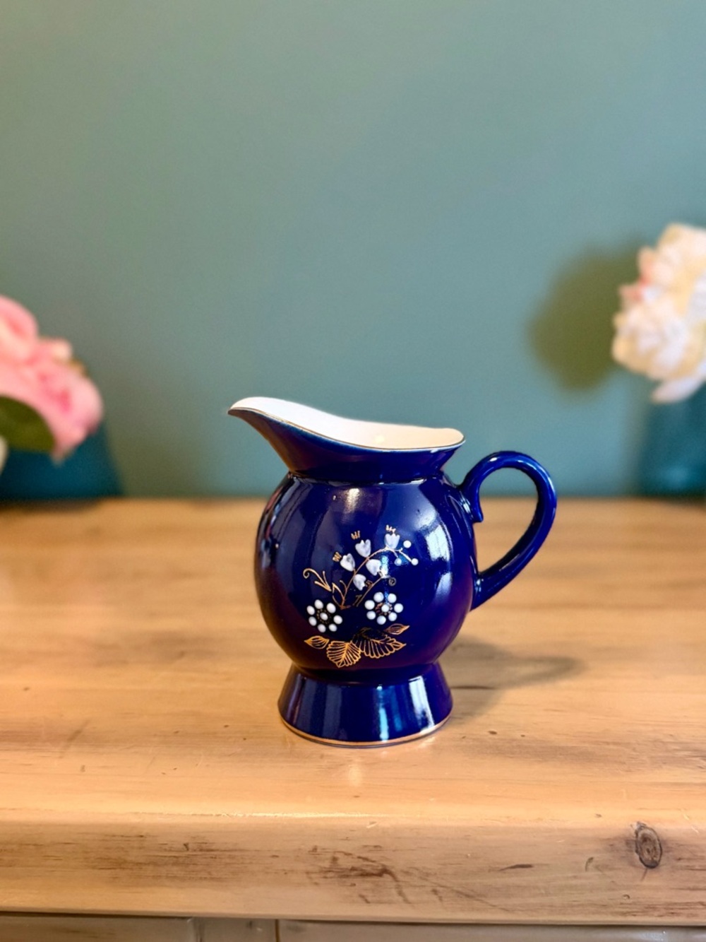 Vintage Cobalt Blue Porcelain Creamer Gold Floral Midnights Era